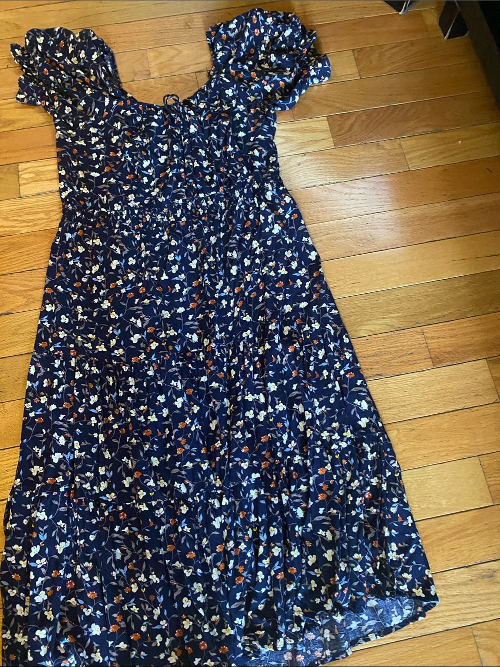 Girls' Navy Floral Puff-Sleeve Dress